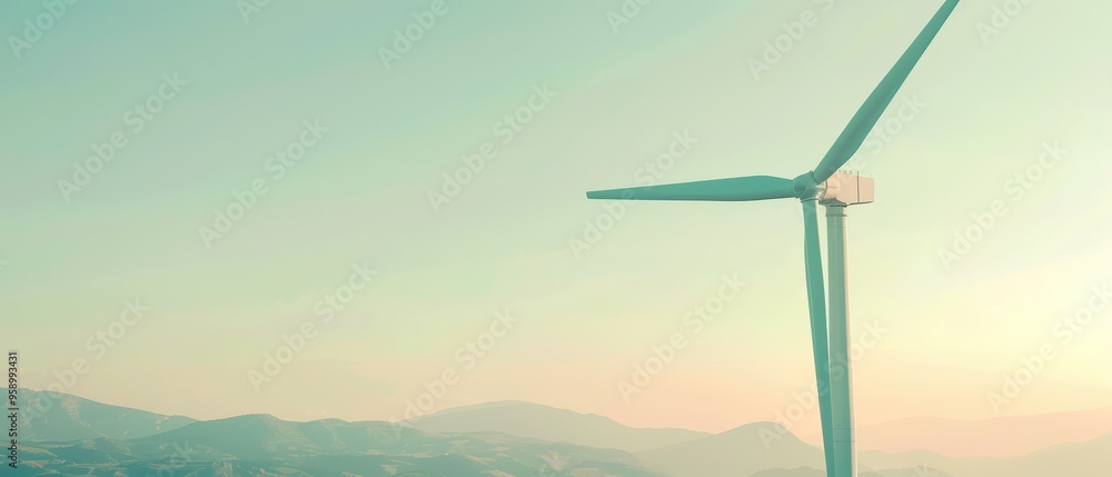Obraz premium A serene landscape featuring a wind turbine against a pastel sunset backdrop, symbolizing renewable energy and sustainability.