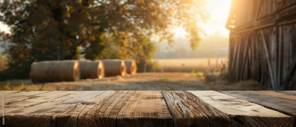 A serene rural landscape featuring a wooden foreground, hay bales, and a barn, illuminated by the warm glow of the setting sun. A serene rural landscape featuring a wooden foreground, hay bales, and a barn, illuminated by the warm glow of the setting sun.