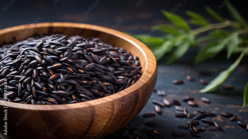 Black rice in a wooden bowl on a dark table. Black rice in a wooden bowl on a dark table.