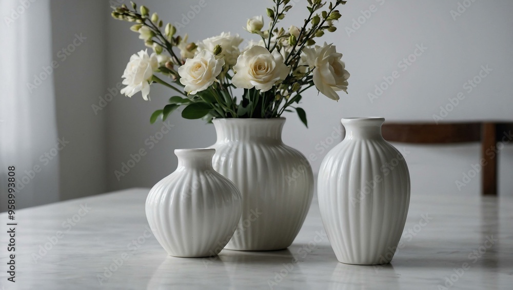 White Vases with Flowers White vases with flowers on a white surface. White Vases with Flowers White vases with flowers on a white surface.