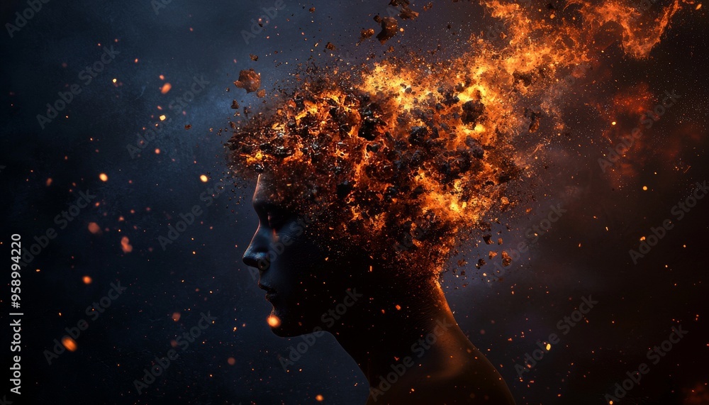 Obraz premium A fiery, abstract portrait of a person with flames engulfing their head. The image evokes a sense of intense emotion and inner turmoil.