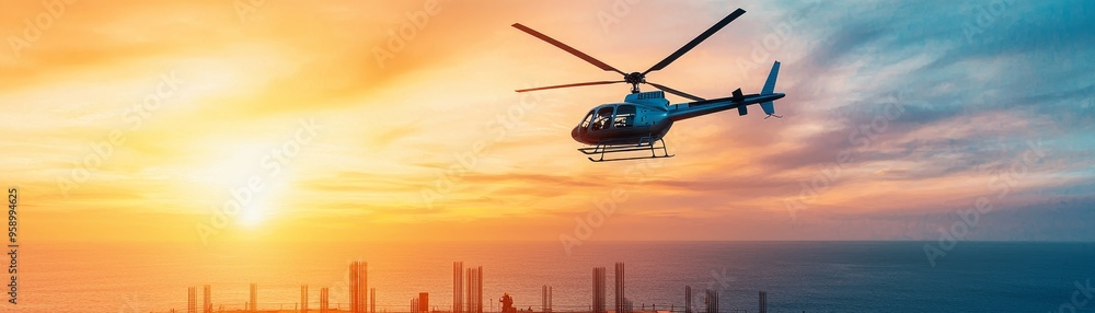 Helicopter flying in a colorful sunset sky. Helicopter flying in a colorful sunset sky.