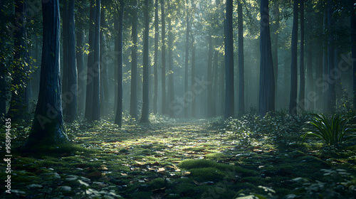 A mystical forest path with dappled sunlight and a mossy ground.