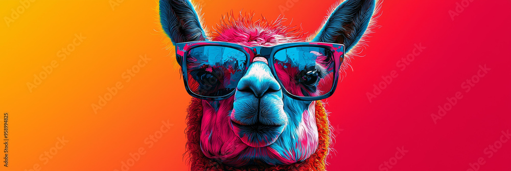 A cool llama wearing sunglasses against a colorful background. A cool llama wearing sunglasses against a colorful background.