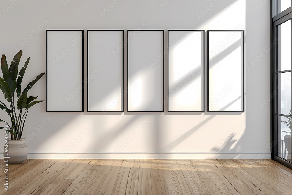 A minimalist interior featuring five empty frames ready for artwork in a bright, sunlit room with a large window and a potted plant. A minimalist interior featuring five empty frames ready for artwork in a bright, sunlit room with a large window and a potted plant.