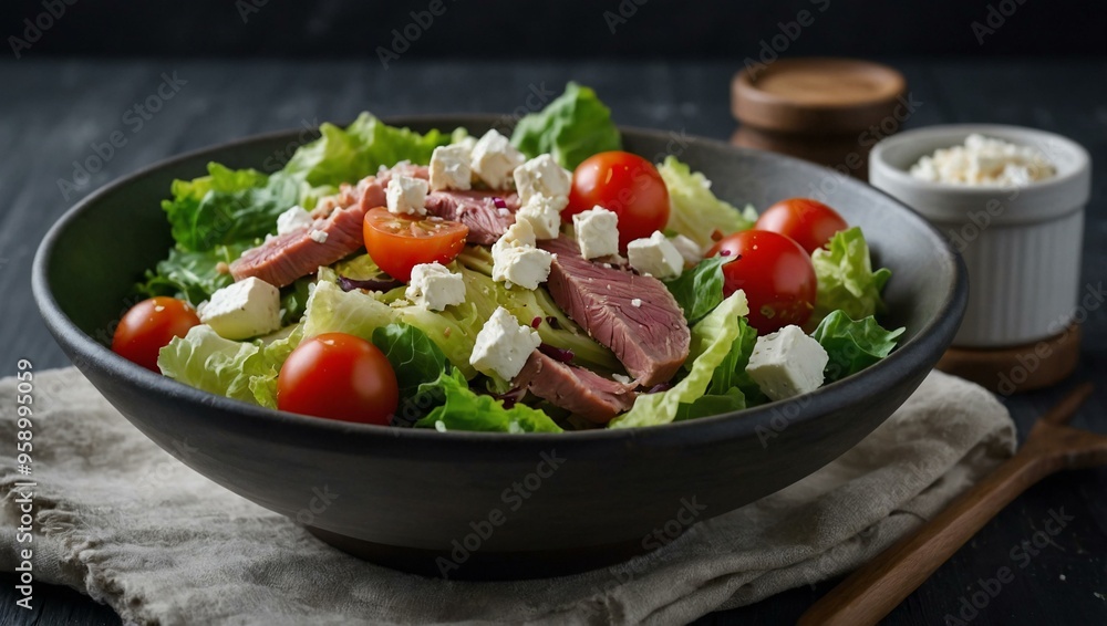 Winter Christmas salad with Chinese cabbage, feta, tomatoes, and tuna. Space for text. Winter Christmas salad with Chinese cabbage, feta, tomatoes, and tuna. Space for text.
