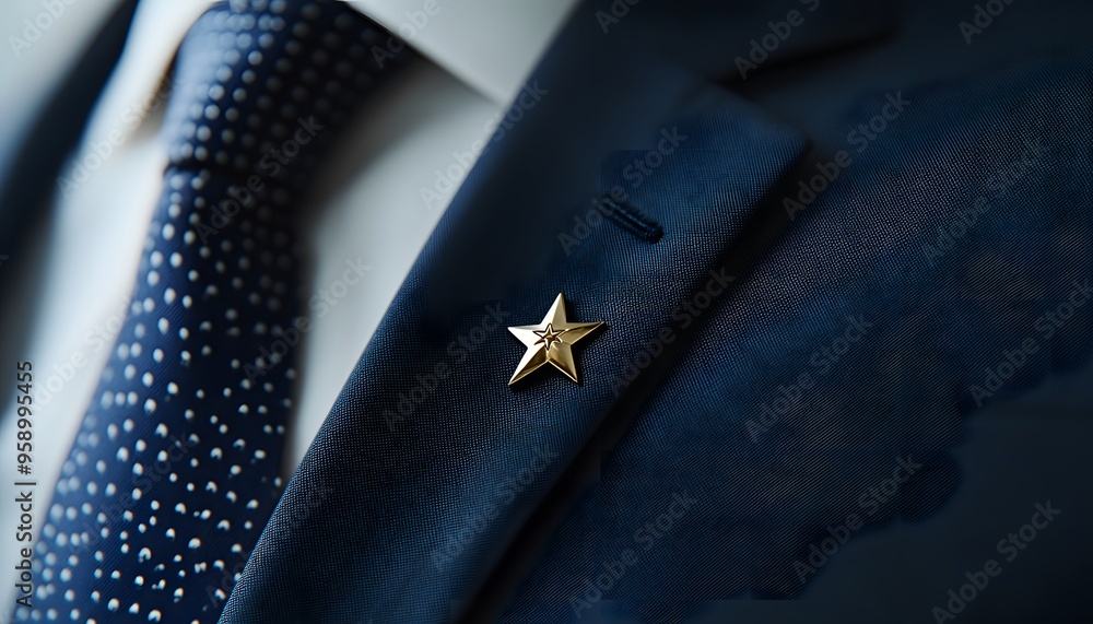 A Close-Up View of a Blue Suit with a Gold Star Pin and a Polka Dot Tie A Close-Up View of a Blue Suit with a Gold Star Pin and a Polka Dot Tie