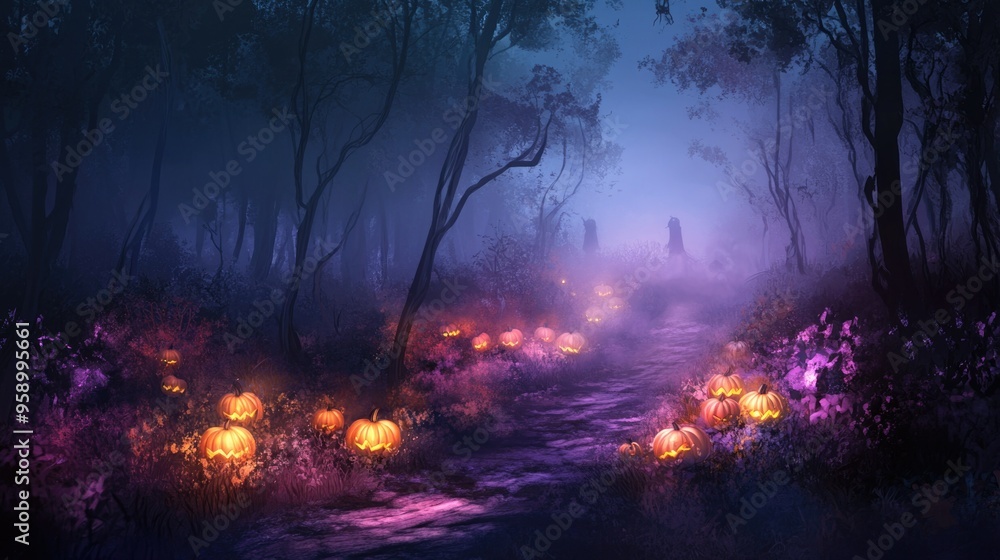 Enchanted Forest Trail at Night with Glowing Pumpkins and Ghostly Figures Amidst the Fog Enchanted Forest Trail at Night with Glowing Pumpkins and Ghostly Figures Amidst the Fog