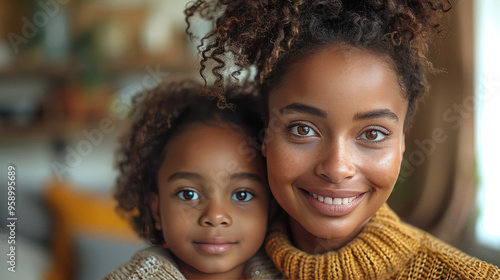 mixed race black and white mother with the curly hair , tan skin and brown eyes are sitting in the restaurant with her daughter 