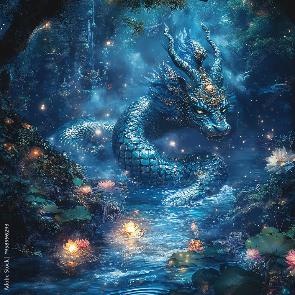 A mystical dragon emerges from a serene pond, surrounded by glowing flowers and enchanting blue lights in a magical forest. A mystical dragon emerges from a serene pond, surrounded by glowing flowers and enchanting blue lights in a magical forest.