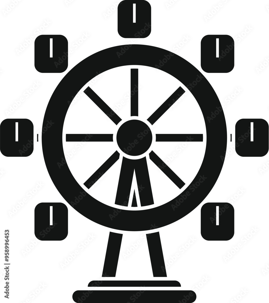 Obraz premium Black glyph icon for a ferris wheel with empty cabins, standing on a platform, isolated on white background