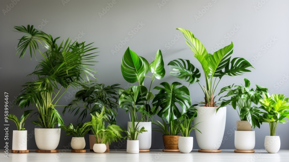 Green houseplants in pots on floor near wall. Neural network ai generated art Green houseplants in pots on floor near wall. Neural network ai generated art