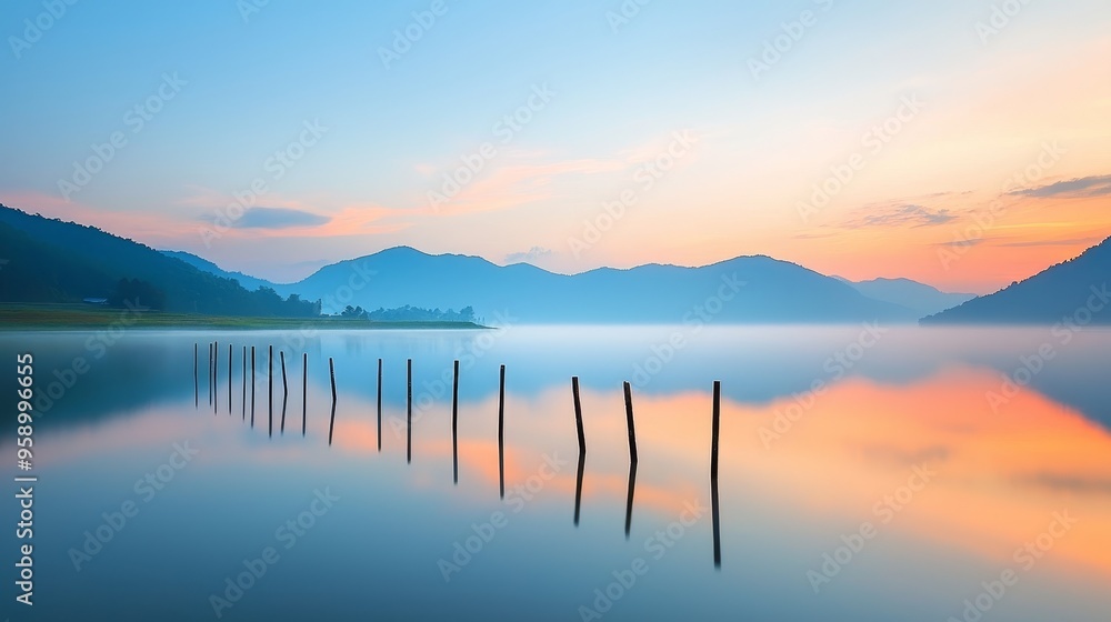 Fototapeta premium A serene lake with wooden posts at sunrise, reflecting the sky in the still water.
