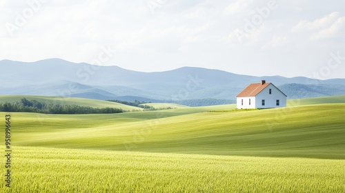 A serene landscape featuring a single house amidst lush green fields and rolling hills under a clear blue sky.