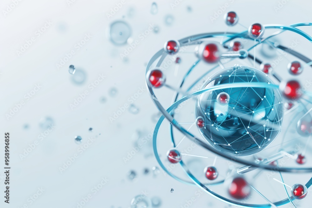 Fototapeta premium Abstract representation of an atom with electrons orbiting around a nucleus, showcasing scientific concepts of chemistry and physics.