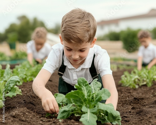 Wallpaper Mural A young boy in a school uniform tends to a plant in a garden. He is surrounded by other children who are also gardening. Torontodigital.ca
