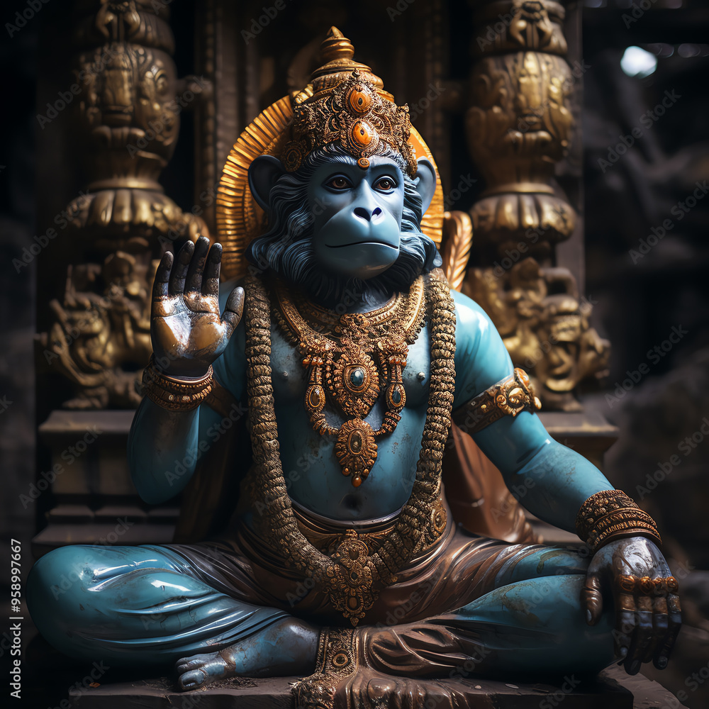 Fototapeta premium Intricate statue of a blue deity adorned with ornate jewelry, showcasing spiritual elegance in a serene temple setting.