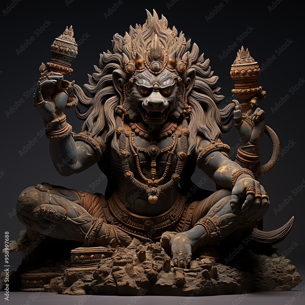 Intricate sculpture of a mythical figure featuring detailed ornaments and powerful posture, perfect for spiritual art collections. Intricate sculpture of a mythical figure featuring detailed ornaments and powerful posture, perfect for spiritual art collections.