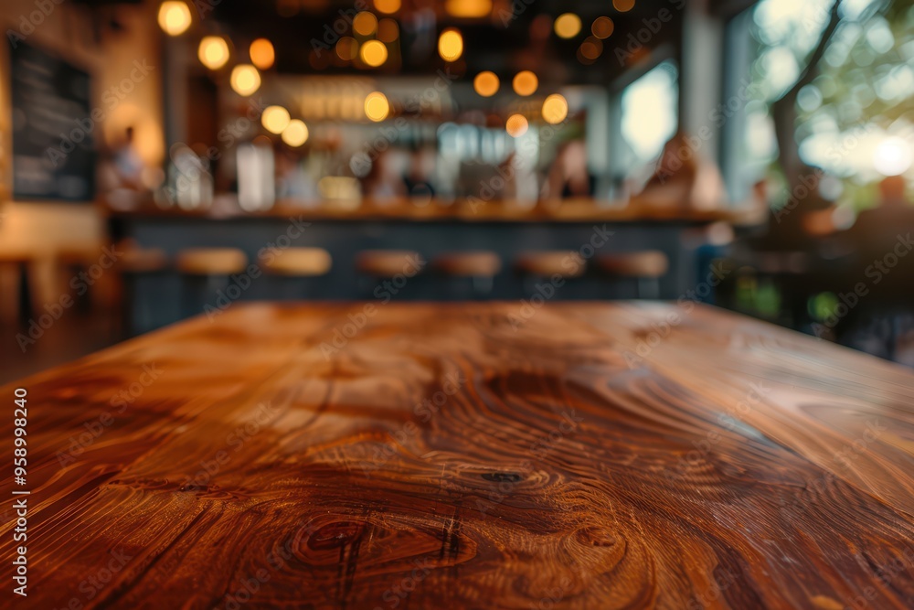 Close-up view of a wooden table in a cozy cafe ambiance with warm lighting and blurred background. Close-up view of a wooden table in a cozy cafe ambiance with warm lighting and blurred background.