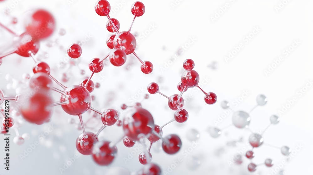 Close-up view of molecular structures with red and white atoms, showcasing the beauty of chemistry and scientific research. Close-up view of molecular structures with red and white atoms, showcasing the beauty of chemistry and scientific research.