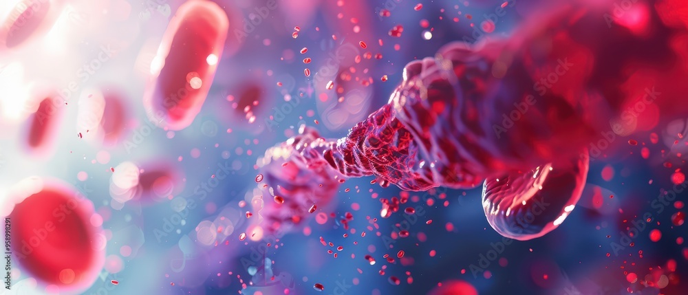 Close-up view of red blood cells and plasma, highlighting the intricate details and vibrant colors within the bloodstream. Close-up view of red blood cells and plasma, highlighting the intricate details and vibrant colors within the bloodstream.
