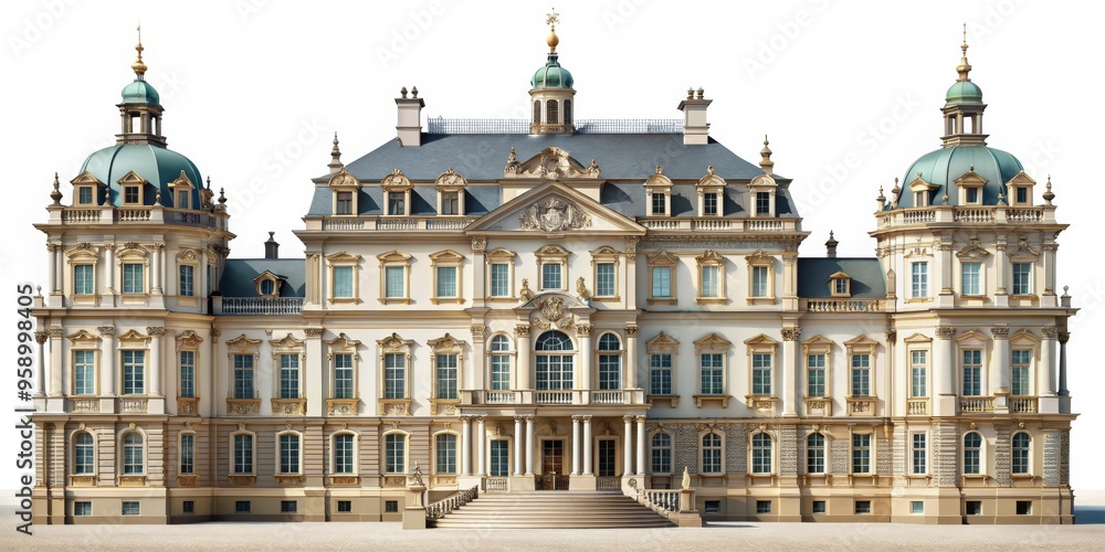 Fototapeta premium Grand Baroque Palace with Green Domes and Ornate Details, Baroque Architecture, Architectural Design, Palace