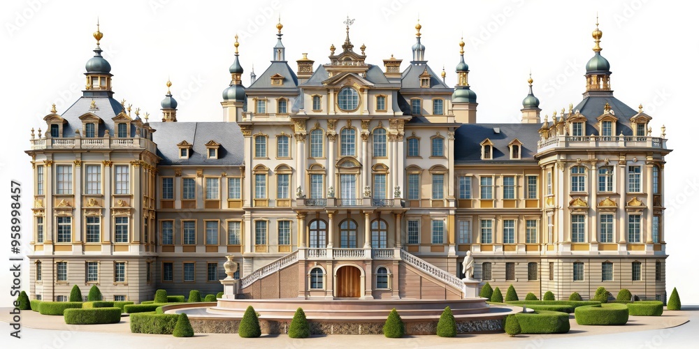 Obraz premium Grand Baroque Palace with Symmetrical Architecture and Formal Gardens, 3D Illustration, Baroque Architecture, European Palace, Palace Design