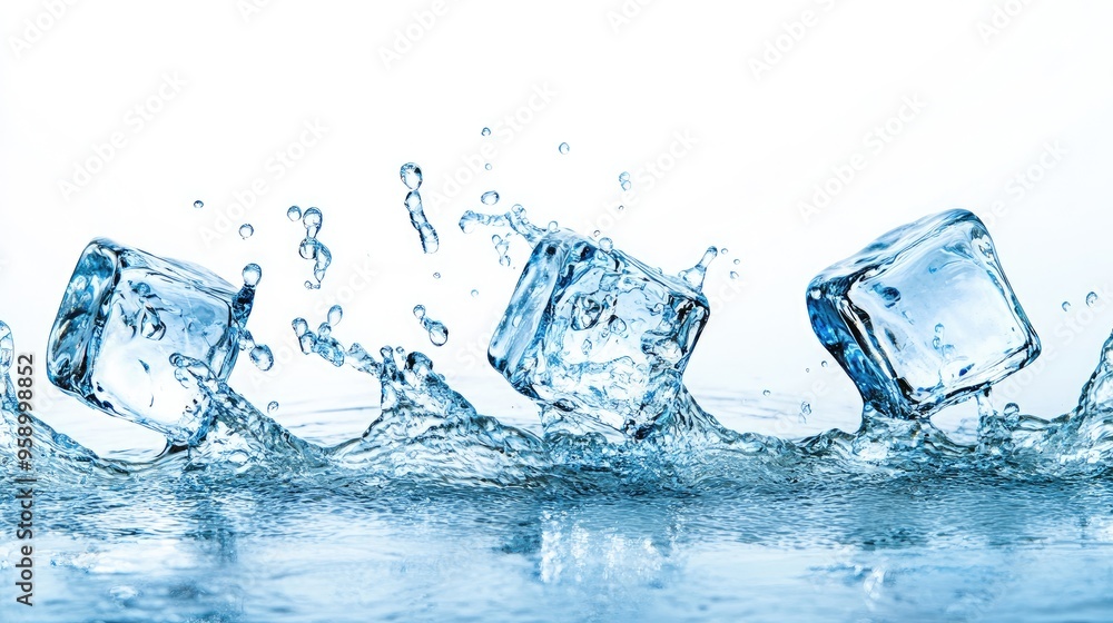 Ice cubes splashing in water, creating dynamic movement and refreshing imagery. Ice cubes splashing in water, creating dynamic movement and refreshing imagery.