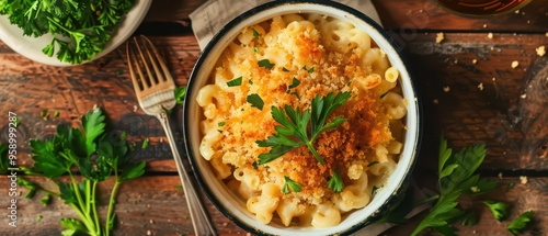 Delicious macaroni and cheese topped with breadcrumbs and herbs, served in a rustic bowl on a wooden table.