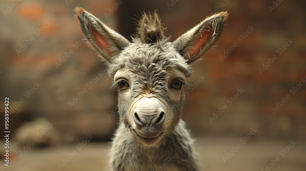 A cute baby donkey with large ears and a sweet expression looking directly at the camera. A cute baby donkey with large ears and a sweet expression looking directly at the camera.