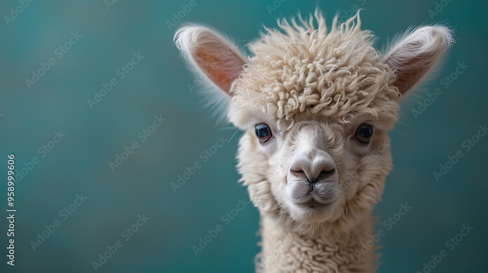 Close-up portrait of a white alpaca with fluffy fur looking directly at the camera against a teal background. Close-up portrait of a white alpaca with fluffy fur looking directly at the camera against a teal background.