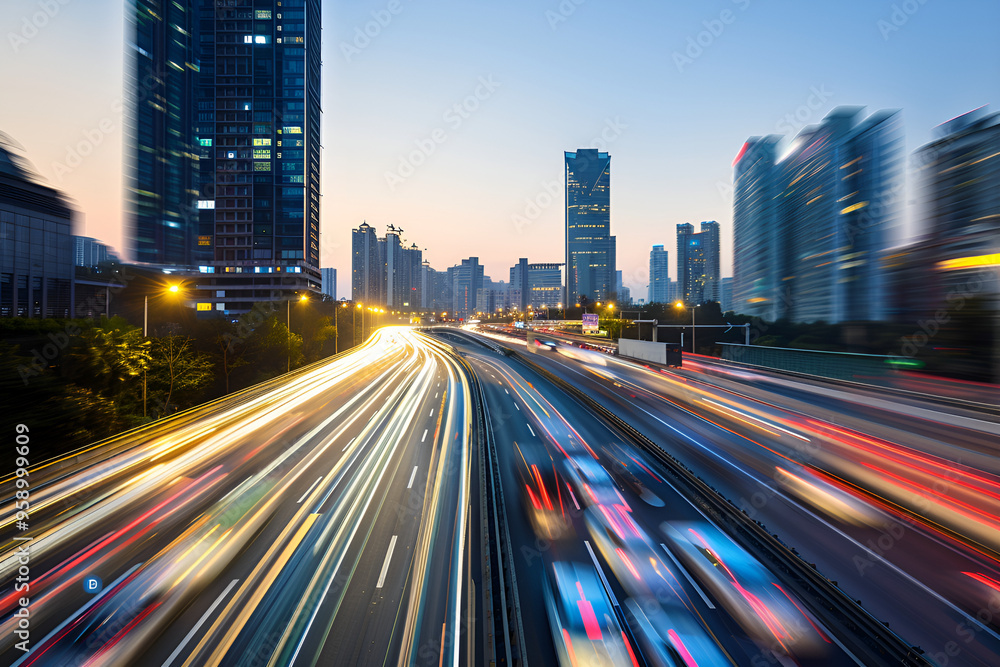 Fototapeta premium Evening rush hour on a bustling urban highway, capturing dynamic motion blur and vibrant city lights, showcasing urban energy