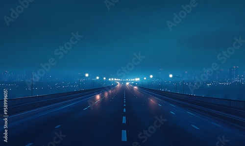 Nighttime Highway Leading to a Distant City Skyline