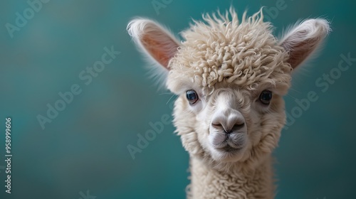 Close-up portrait of a white alpaca with fluffy fur looking directly at the camera against a teal background.