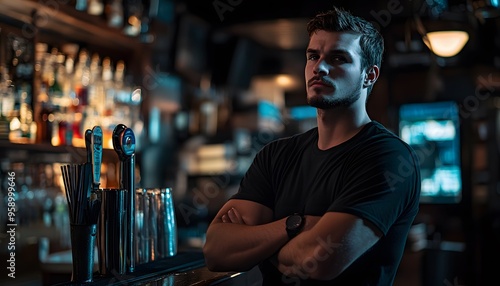 A Man Standing Behind a Bar with His Arms Crossed