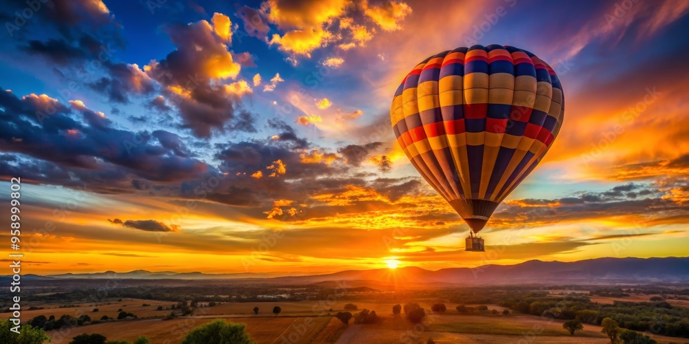 Obraz premium Hot Air Balloon Soaring Above a Golden Sunset Landscape, Colorful Balloon, Sky, Sunset, Hot Air Balloon Ride