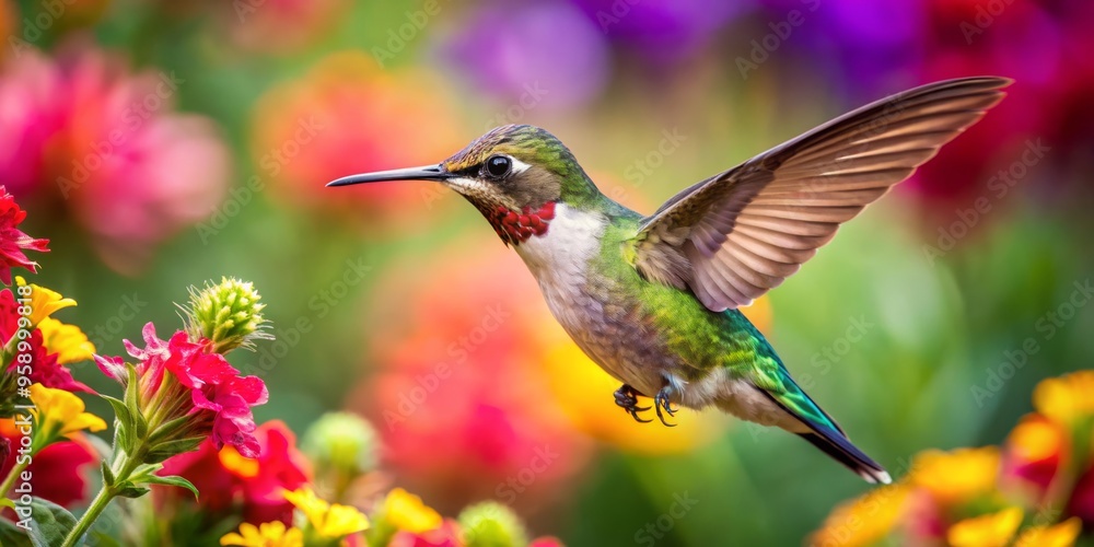 Fototapeta premium Hummingbird in Flight Amidst a Colorful Garden, Birds, Wildlife, Nature