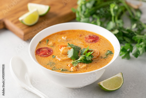 Tom yum soup with shrimps in white bowl on light background with copy space. Popular traditional asian cuisine