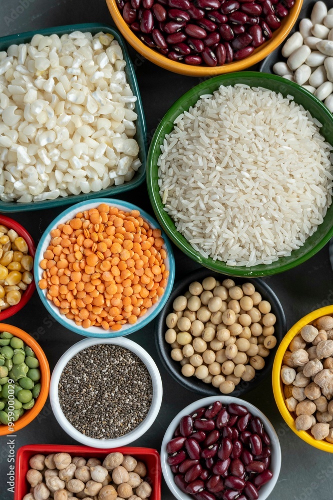 several pots with raw grains for preparing healthy food several pots with raw grains for preparing healthy food