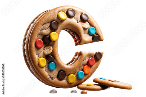 Letra 3D realista con textura de galleta con chispas de colores sobre un fondo transparente y aislado