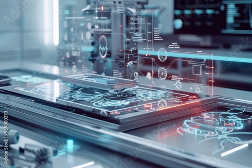 Wallpaper Mural Futuristic technology showcase with holographic displays, showcasing data interaction and digital interface design. Torontodigital.ca