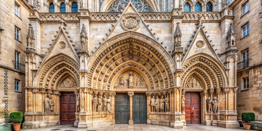 Fototapeta premium Intricate Stonework Arches of a Medieval Cathedral, Architectural Detail, Stone Carving, Gothic Architecture, Church Entrance, Religious Art, Europe