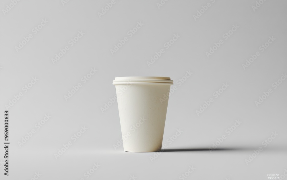 A modern minimalist paper cup in a neutral color palette centered against a soft gray background