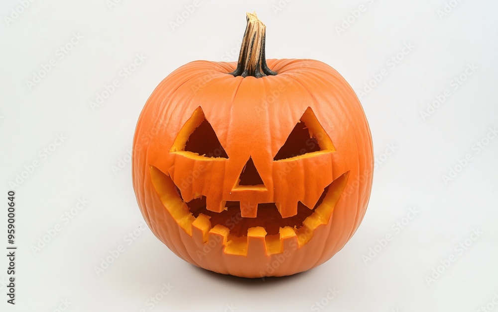 Traditional Jack-o'-lantern with classic carving displayed on a white background for a festive Halloween decoration Traditional Jack-o'-lantern with classic carving displayed on a white background for a festive Halloween decoration