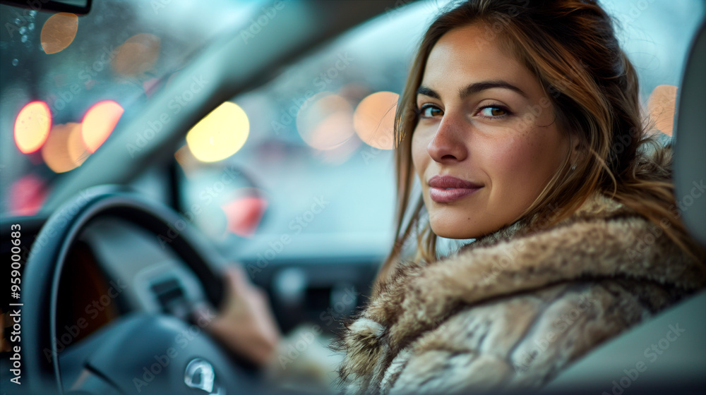 Wide angle interior view of young woman in winter coat driving the car Wide angle interior view of young woman in winter coat driving the car