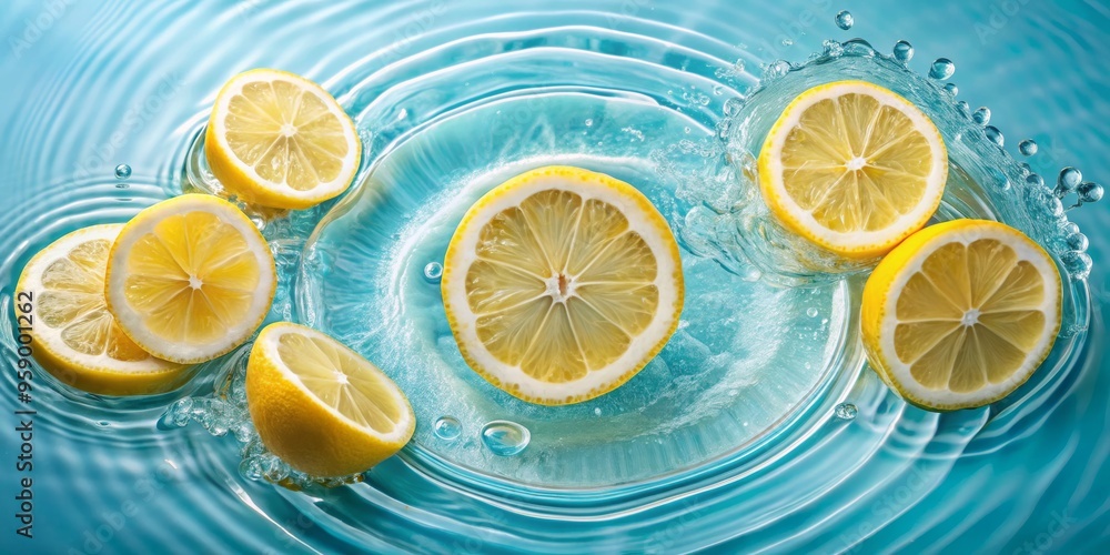 Lemon Slices Splashing in Blue Water, Water, Lemon, Citrus Lemon Slices Splashing in Blue Water, Water, Lemon, Citrus