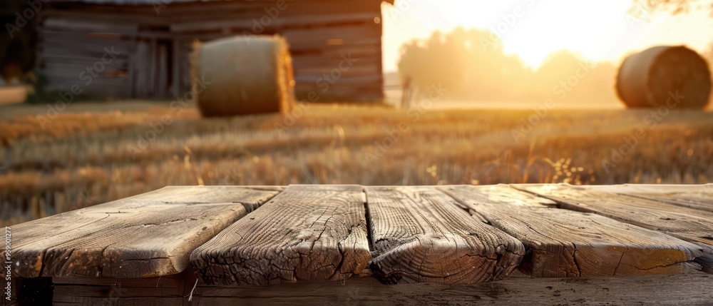 Sunset view over a rustic wooden table with hay bales in a serene countryside setting, perfect for nature and farm imagery. Sunset view over a rustic wooden table with hay bales in a serene countryside setting, perfect for nature and farm imagery.
