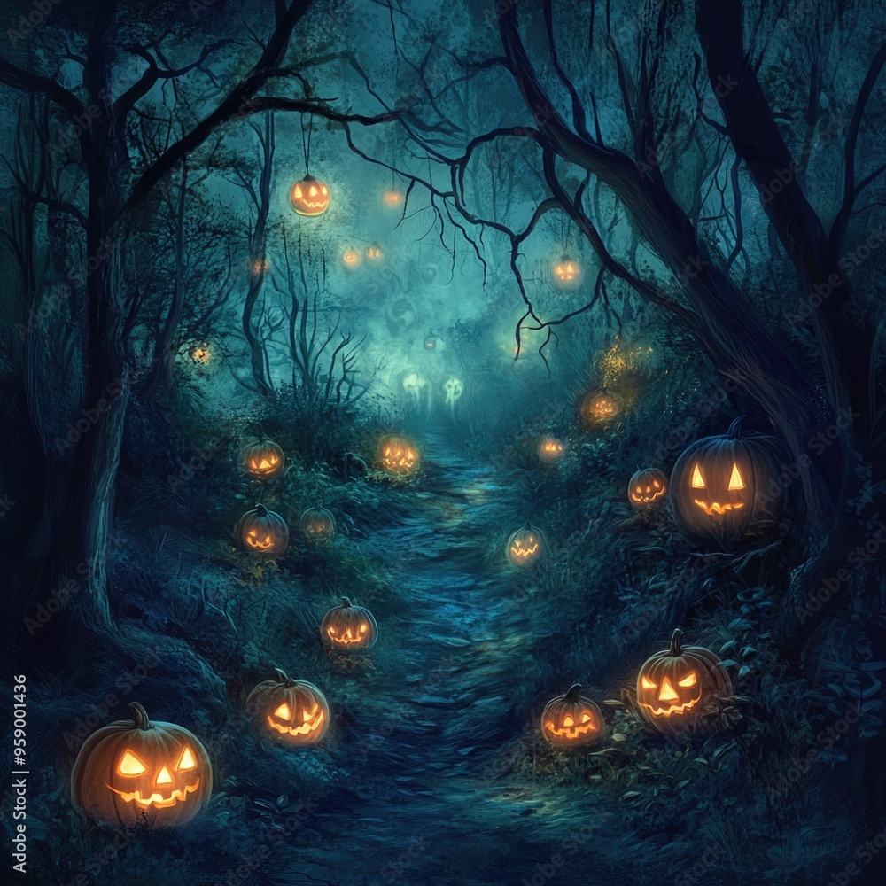 Fototapeta premium Enchanted Forest Trail at Night with Glowing Pumpkins and Ghostly Figures Amidst the Fog