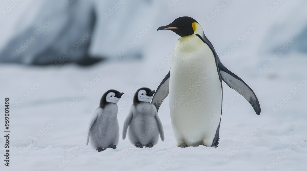 Fototapeta premium Emperor Penguins Waddling Together with Chicks in Antarctica