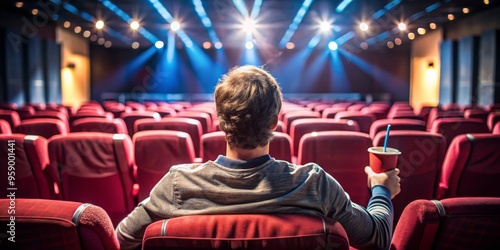 Lone Viewer in a Sea of Red Seats, a Single Man Enjoying the Show, Cinema Experience, Movie Night, entertainment, cinema, film photo